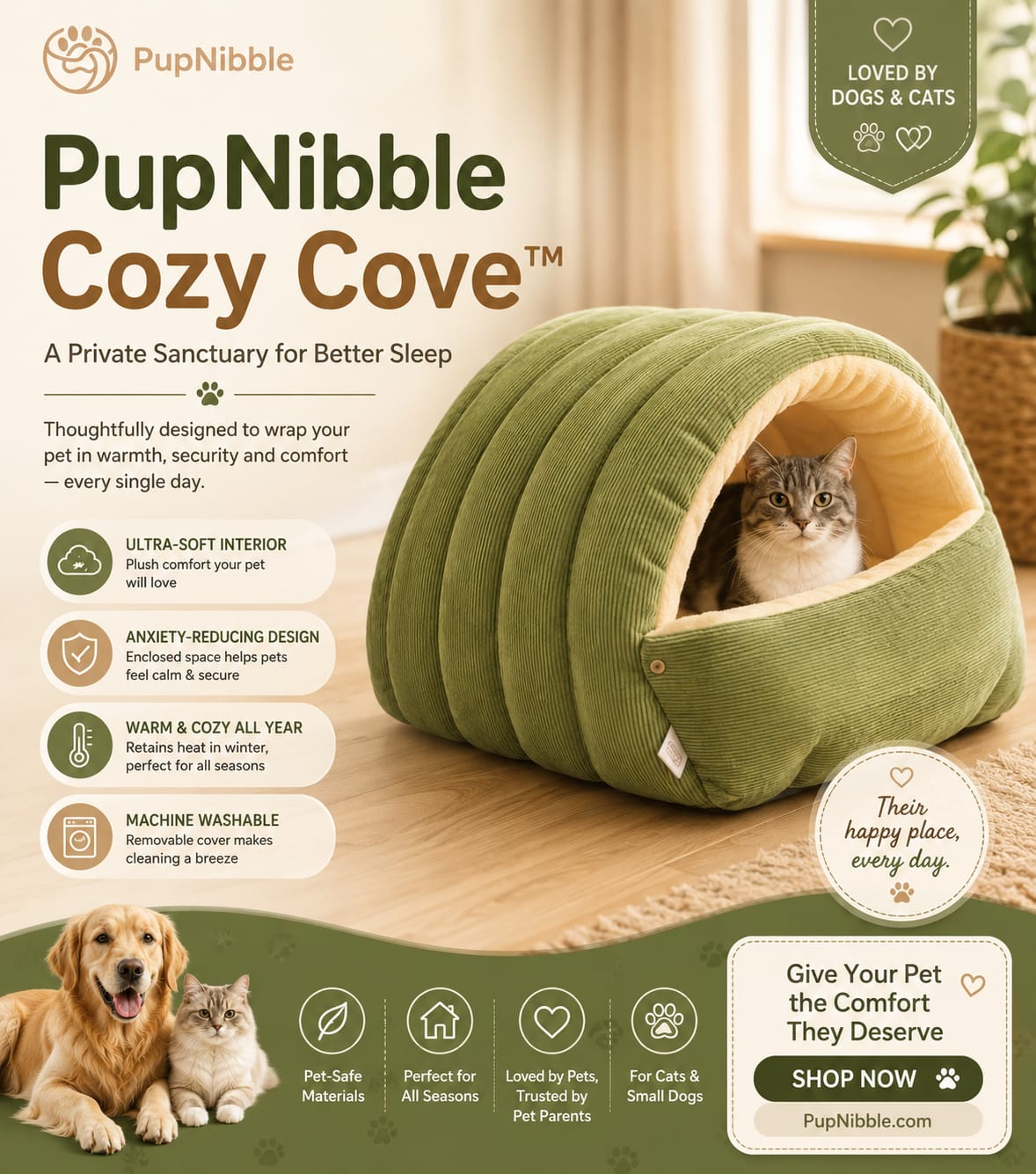 PupNibble CozyCove | Calming Cave Bed for Cats & Small Dogs